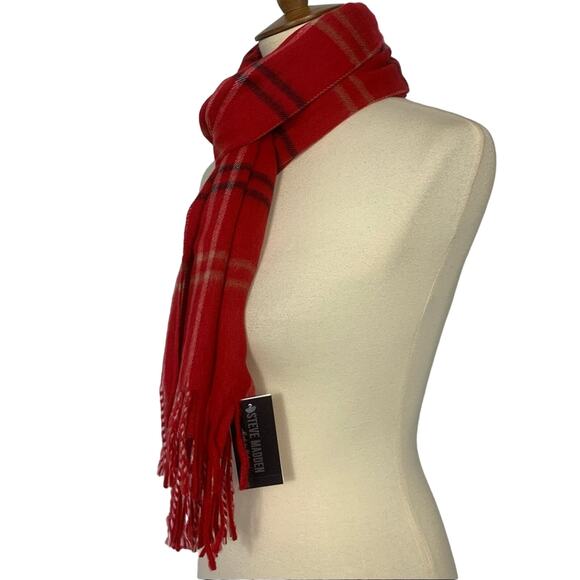 Steve Madden Red and Black Plaid Muffler Scarf One Size Made in Italy - Picture 2 of 5
